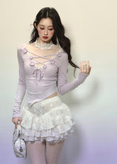 V-Neck Knit T-Shirt with Lace Trim